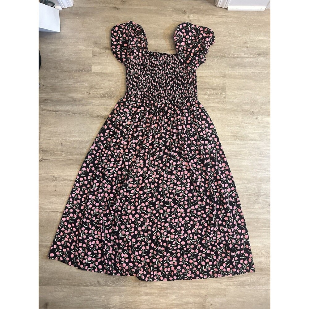 BTFBM Floral Smocked Cottagecore Maxi Dress Puff Sleeve Black Pink Large - Picture 10 of 12